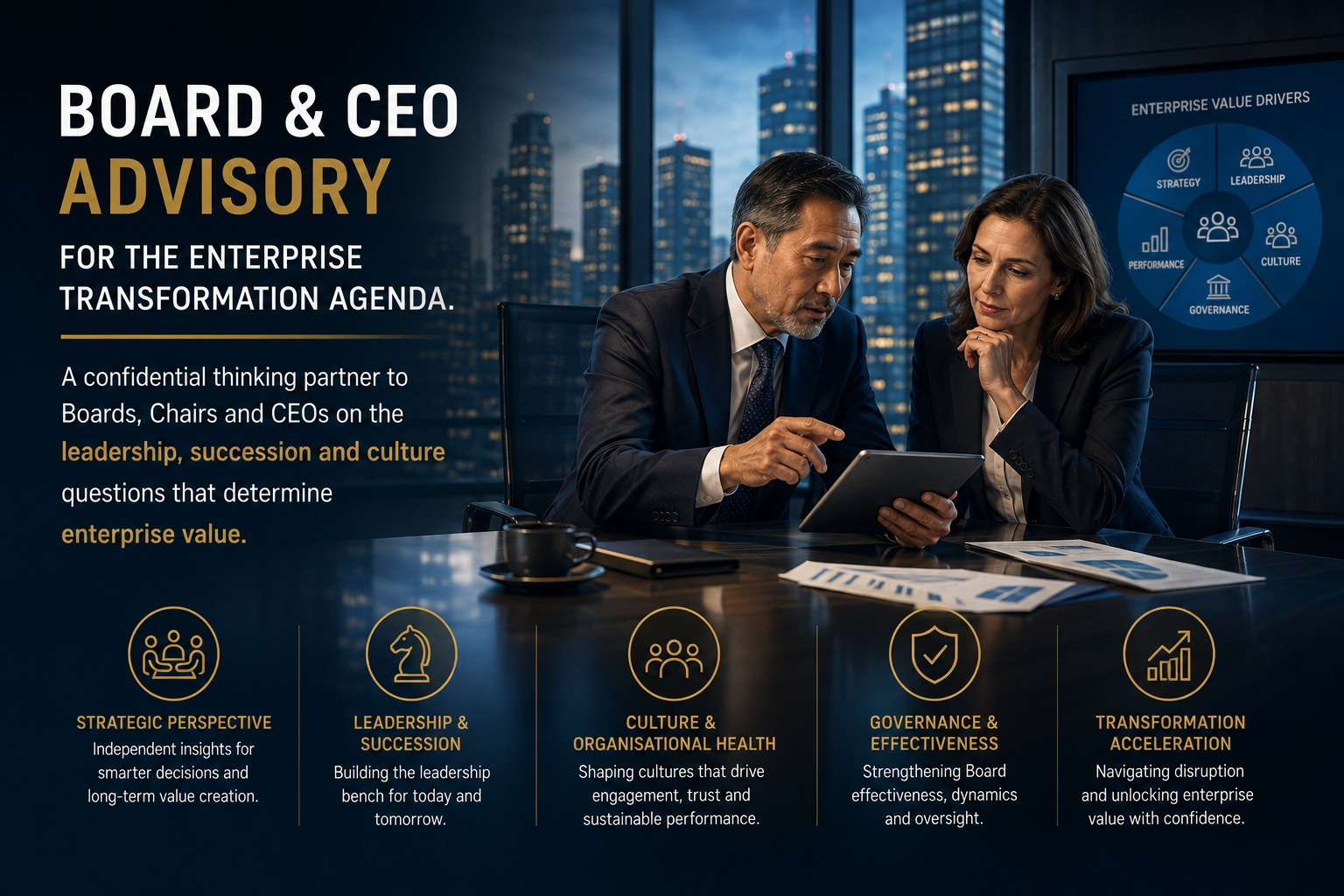 Board & CEO Advisory for the enterprise transformation agenda — strategic perspective, leadership and succession, culture, governance and transformation acceleration