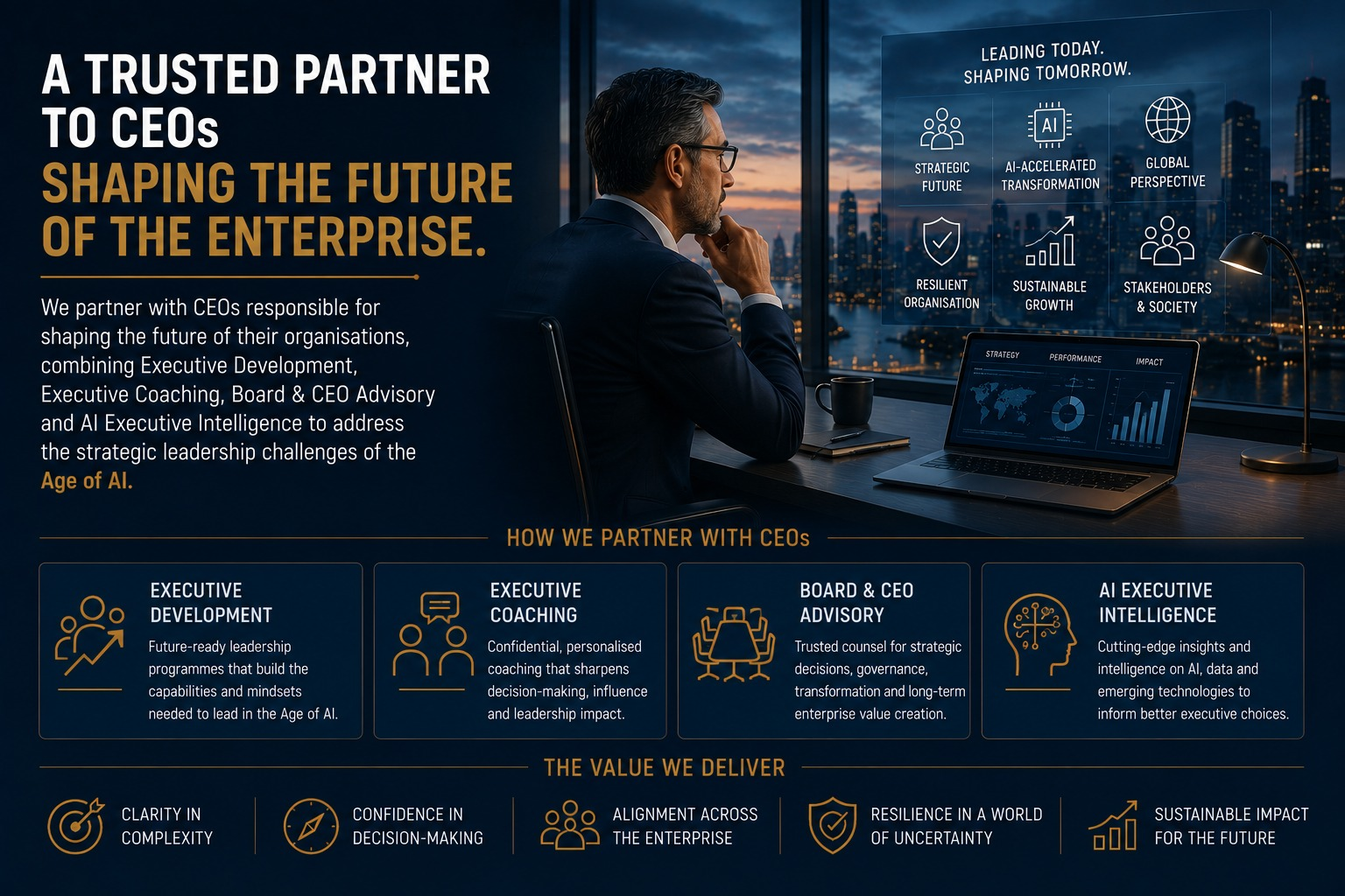 A trusted partner to CEOs shaping the future of the enterprise — Executive Development, Executive Coaching, Board & CEO Advisory and AI Executive Intelligence